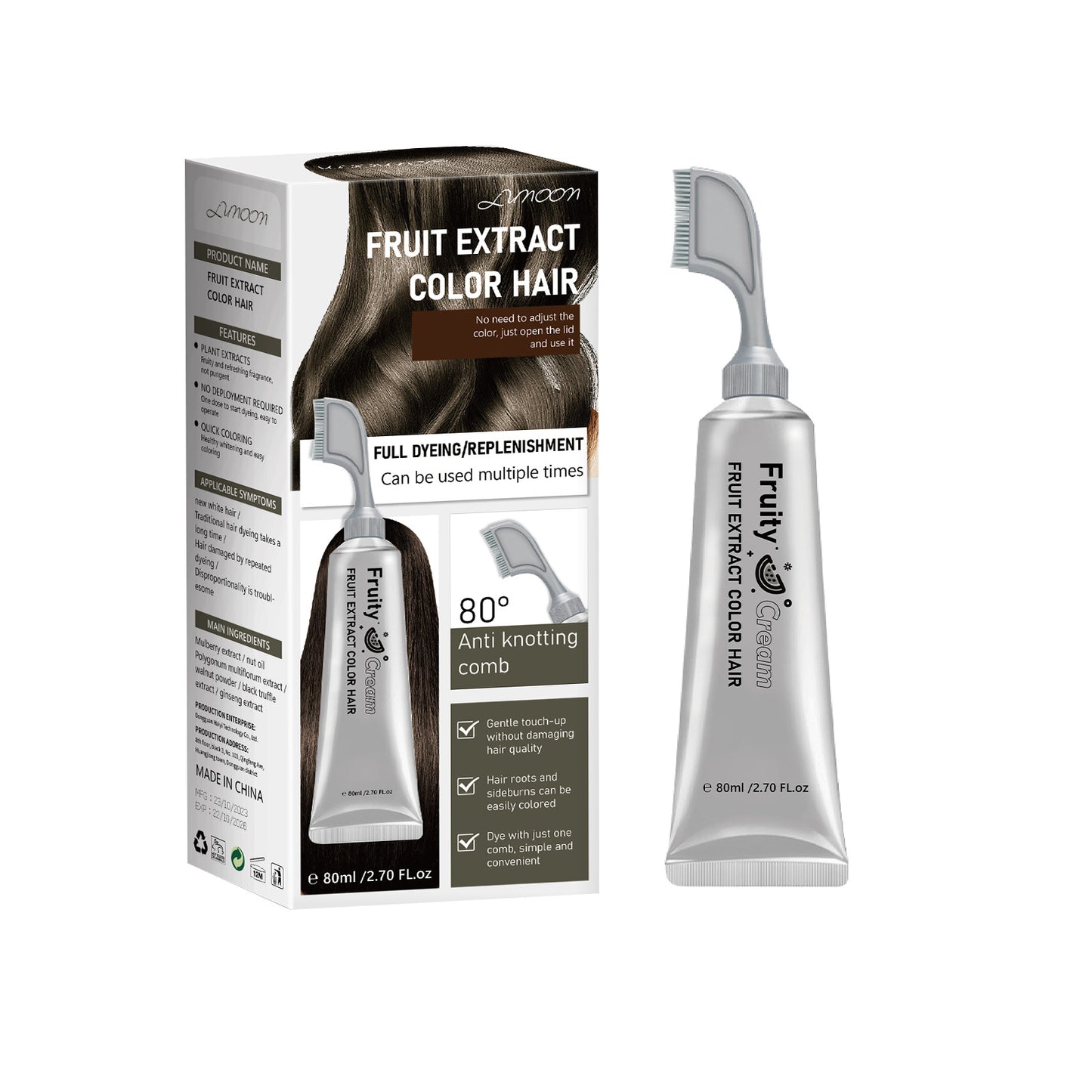 LUNOON Comb‑In Hair Dye Cream for Gray Coverage – Natural Black & Dark Brown