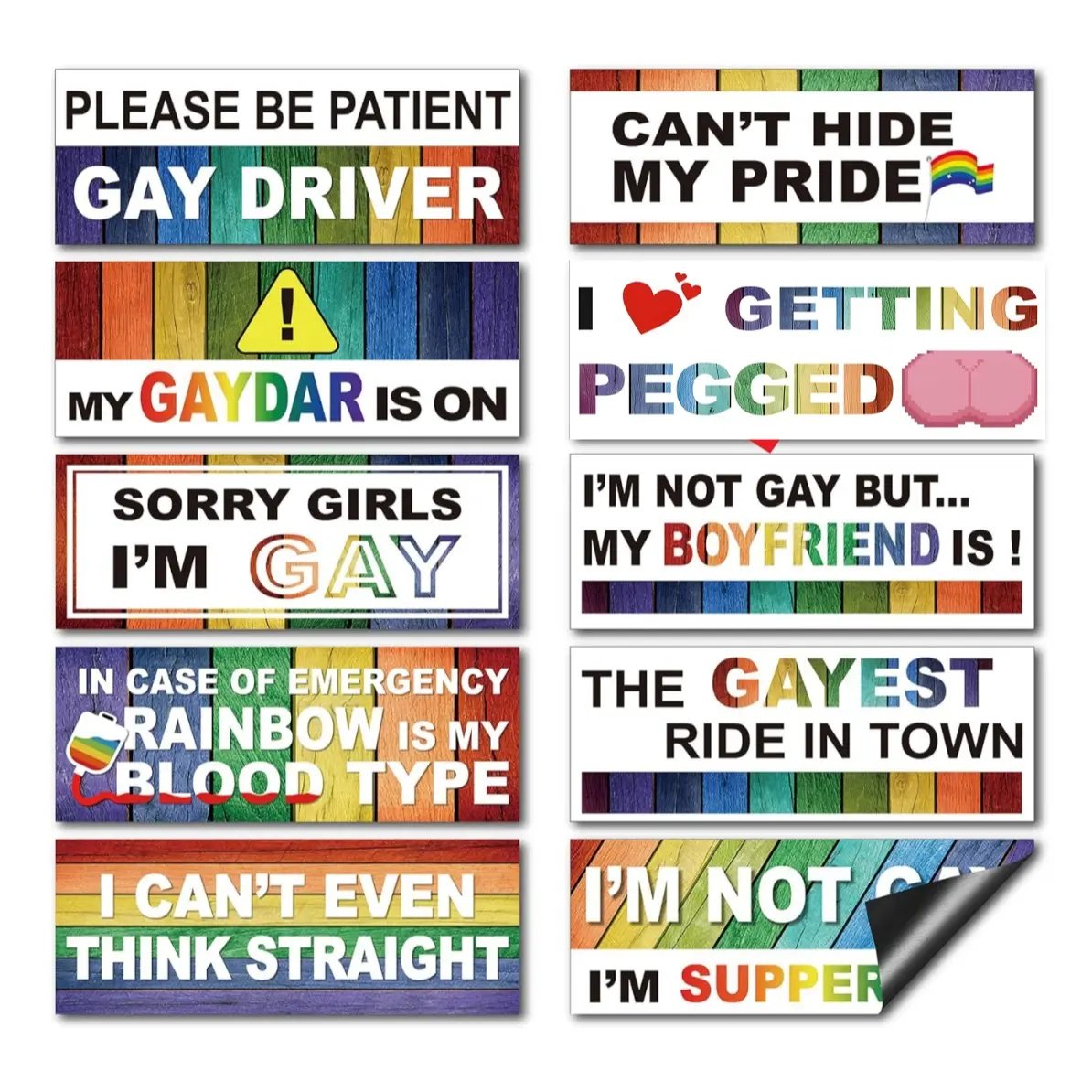 Funny Gay Pride Rainbow Magnet Bumper Sticker Set 10 Unique Designs 7.8X3.1 Inches Reusable Car Accessories for Vehicles & Fridge