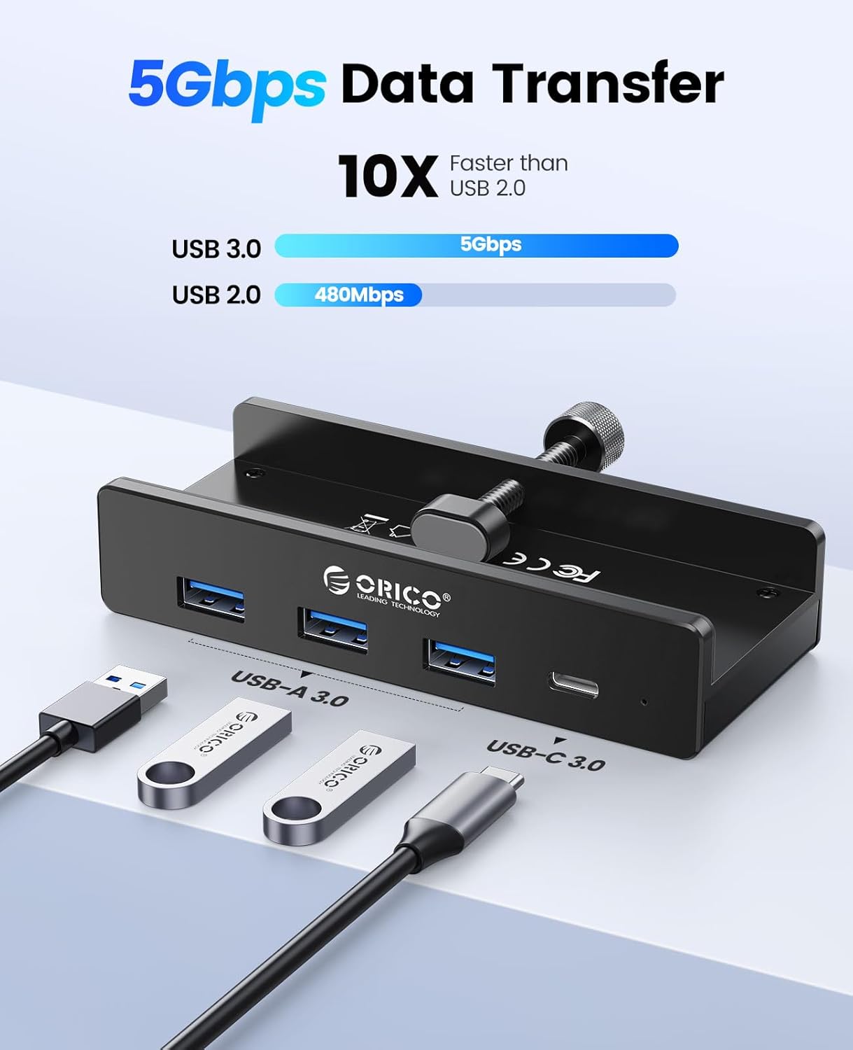 USB Hub 3.0, Clamp USB Hub with Extra Power Supply Port