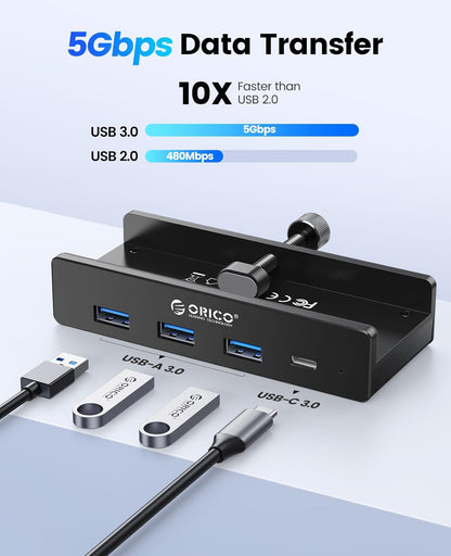 USB Hub 3.0, Clamp USB Hub with Extra Power Supply Port