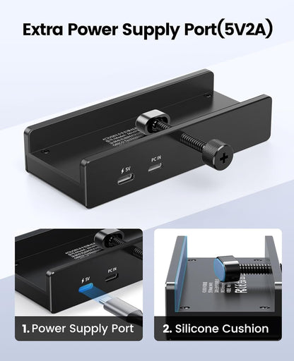 USB Hub 3.0, Clamp USB Hub with Extra Power Supply Port