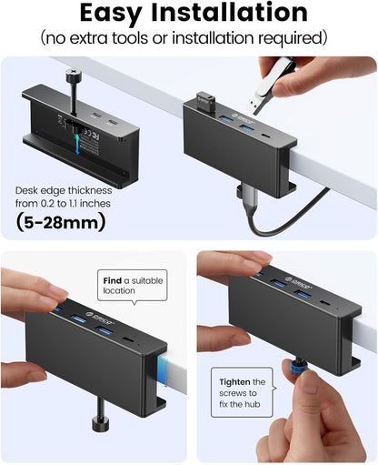 USB Hub 3.0, Clamp USB Hub with Extra Power Supply Port