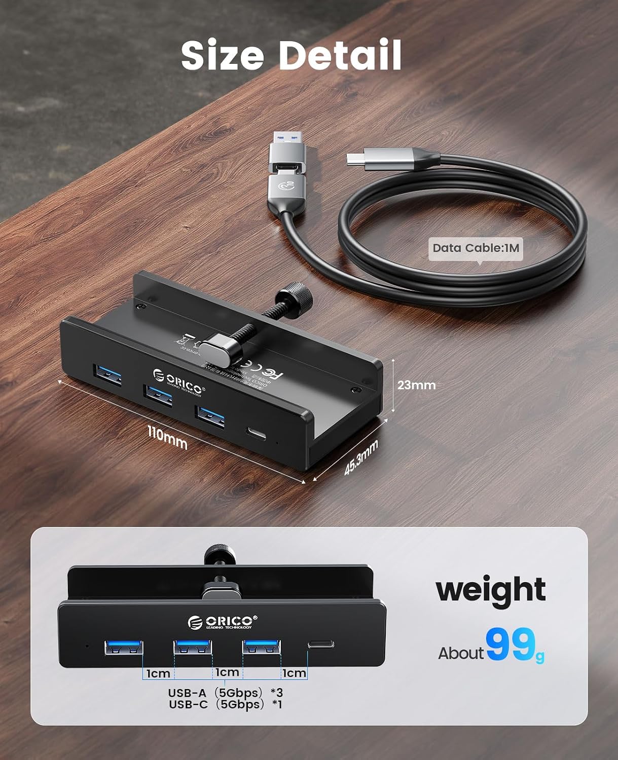 USB Hub 3.0, Clamp USB Hub with Extra Power Supply Port