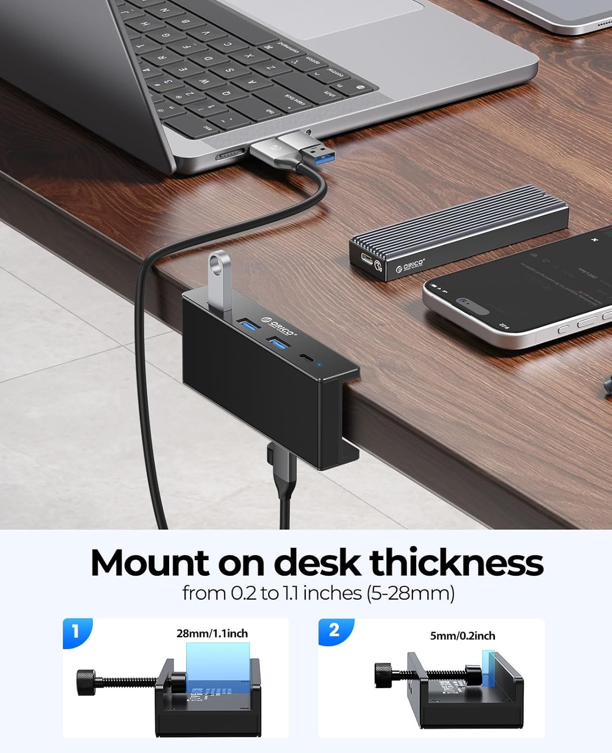 USB Hub 3.0, Clamp USB Hub with Extra Power Supply Port