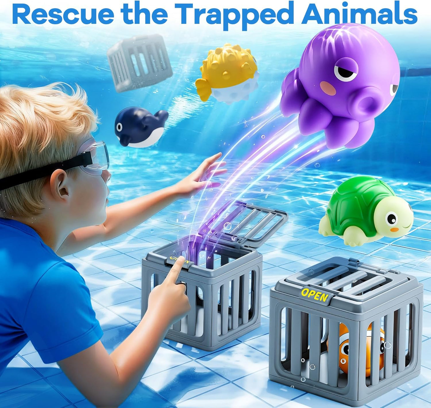 Funscape Kids Pool Diving Toys, Water Swimming Dive Pool Game, Toddler Bath Toy Play Set W/ Fish Box Floating Animals, Fun Outdoor Beach Lake Swim Summer Party Gift 3 4 5 6 7 8 10 12 Year Old Boy Girl