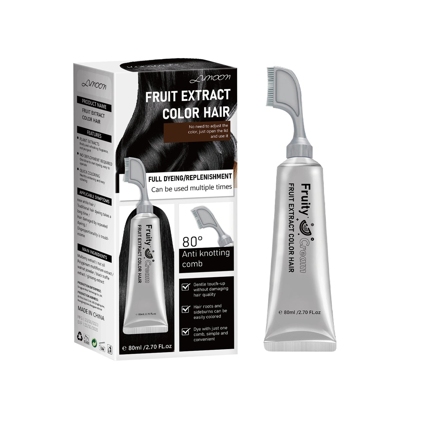 LUNOON Comb‑In Hair Dye Cream for Gray Coverage – Natural Black & Dark Brown