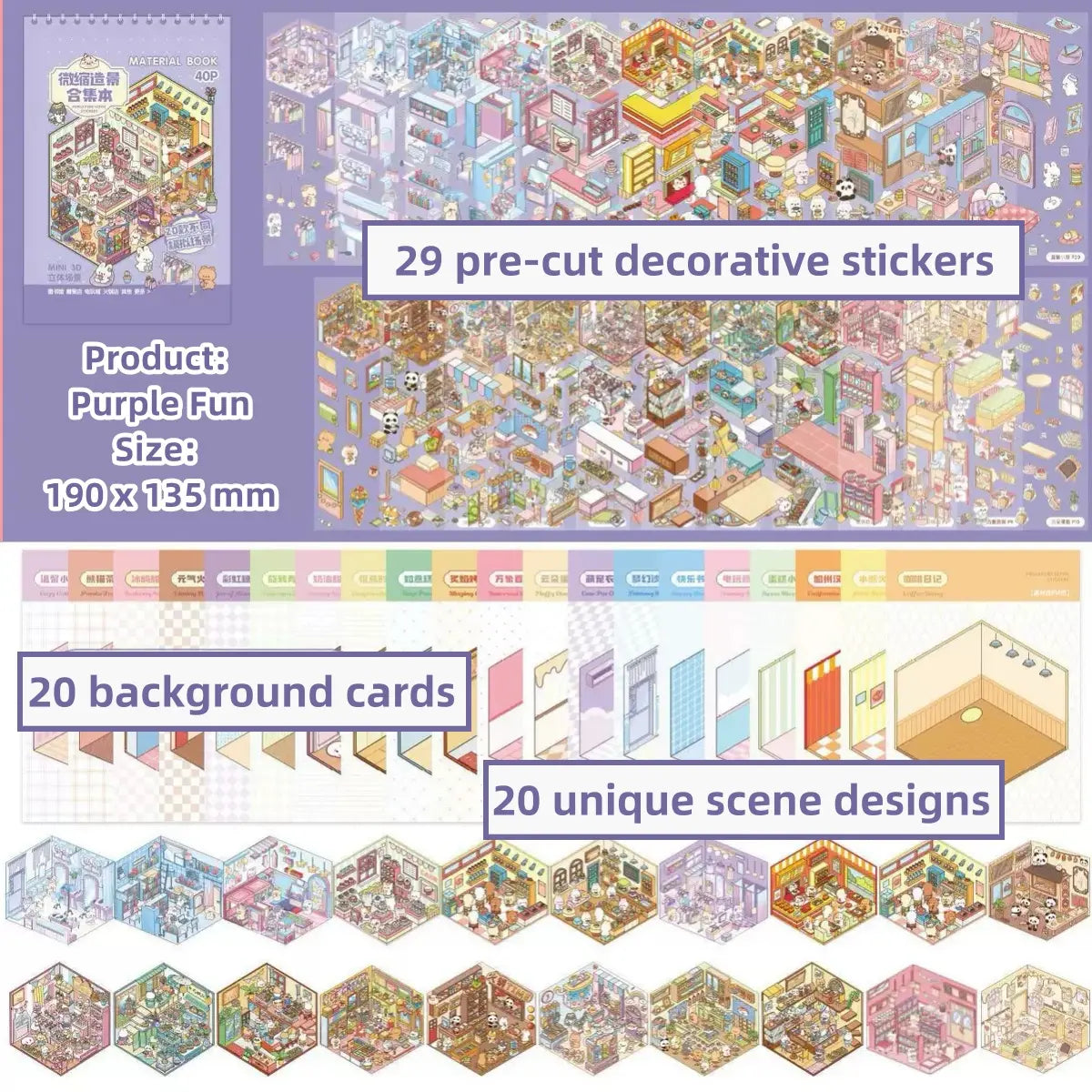 3D Scene Sticker Book - 49 Cute Cartoon Stickers Set