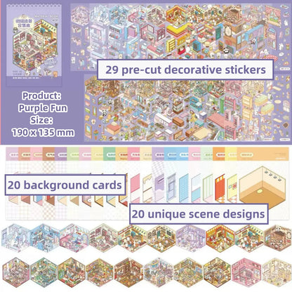 3D Scene Sticker Book - 49 Cute Cartoon Stickers Set