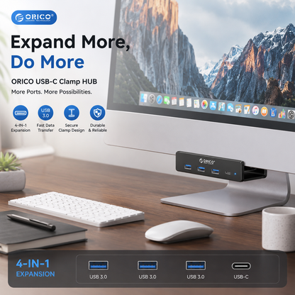 USB Hub 3.0, Clamp USB Hub with Extra Power Supply Port