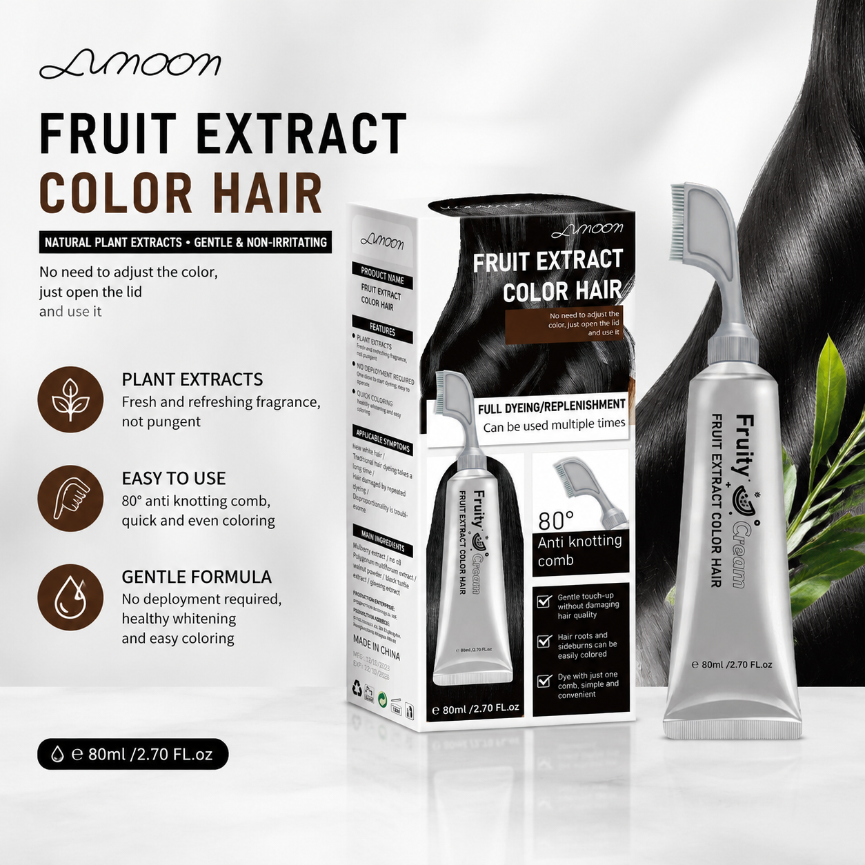 LUNOON Comb‑In Hair Dye Cream for Gray Coverage – Natural Black & Dark Brown