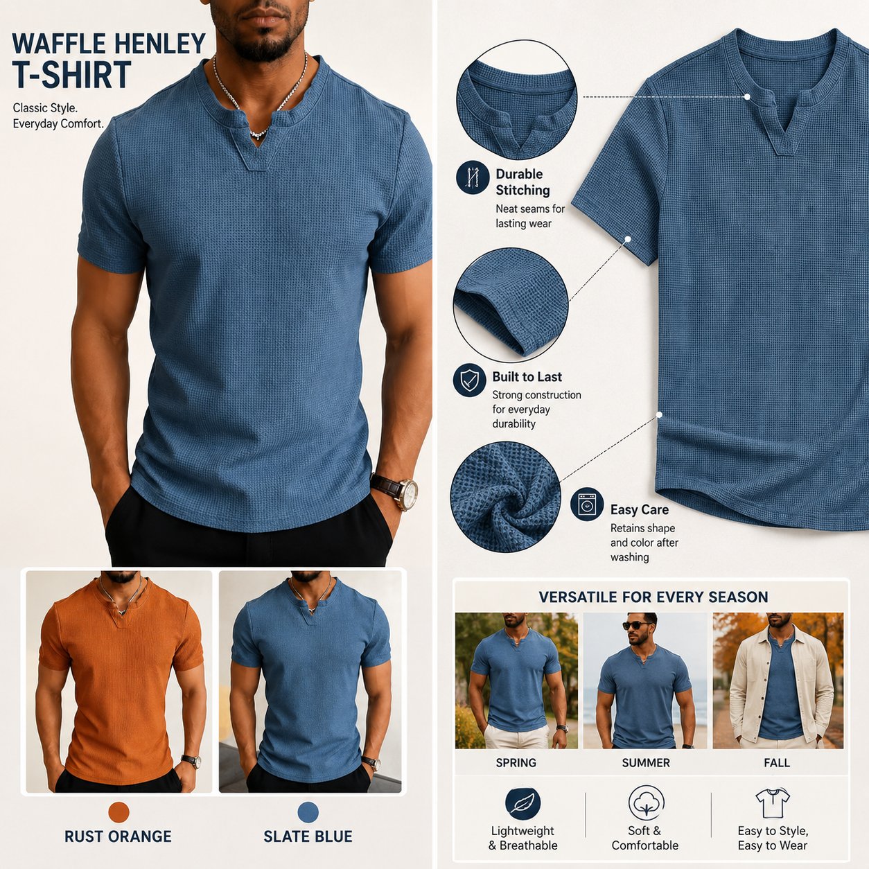 Men's Short Sleeve Henley T-Shirt, Soft Casual Top for Summer